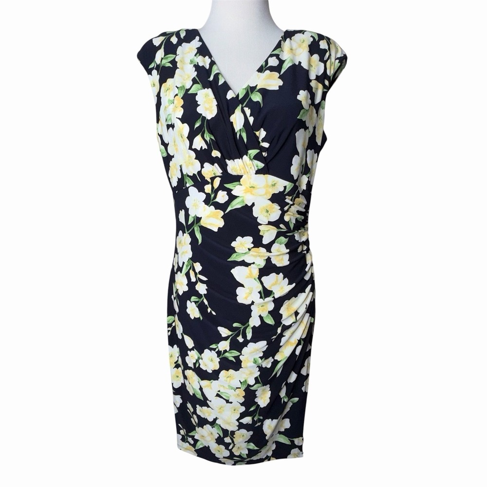 Lauren Ralph Lauren Floral Sheath Dress Size 12 Black White Ruched